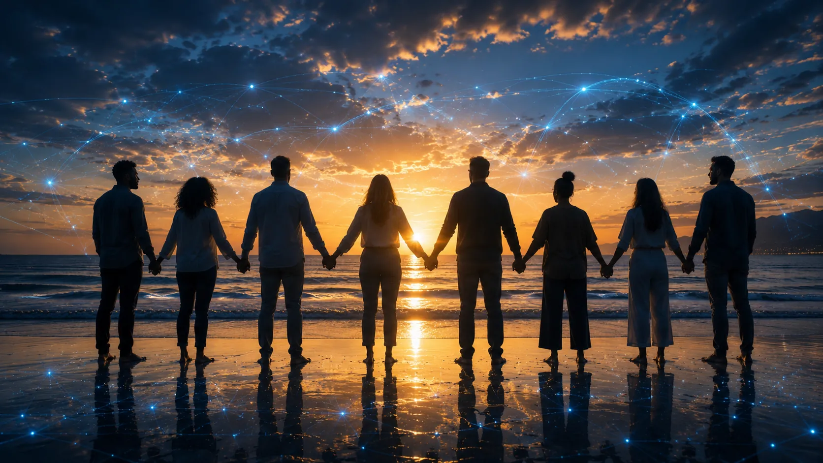 Illustrative artwork: a line of people holding hands at the water's edge at sunset.