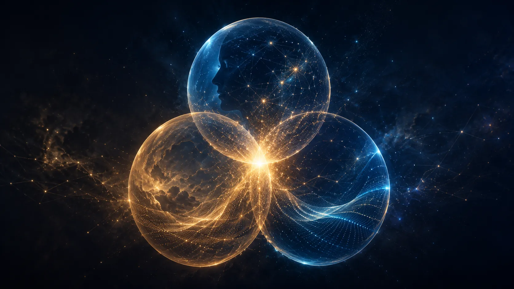Illustrative artwork: three luminous spheres meeting at a single bright point of light.