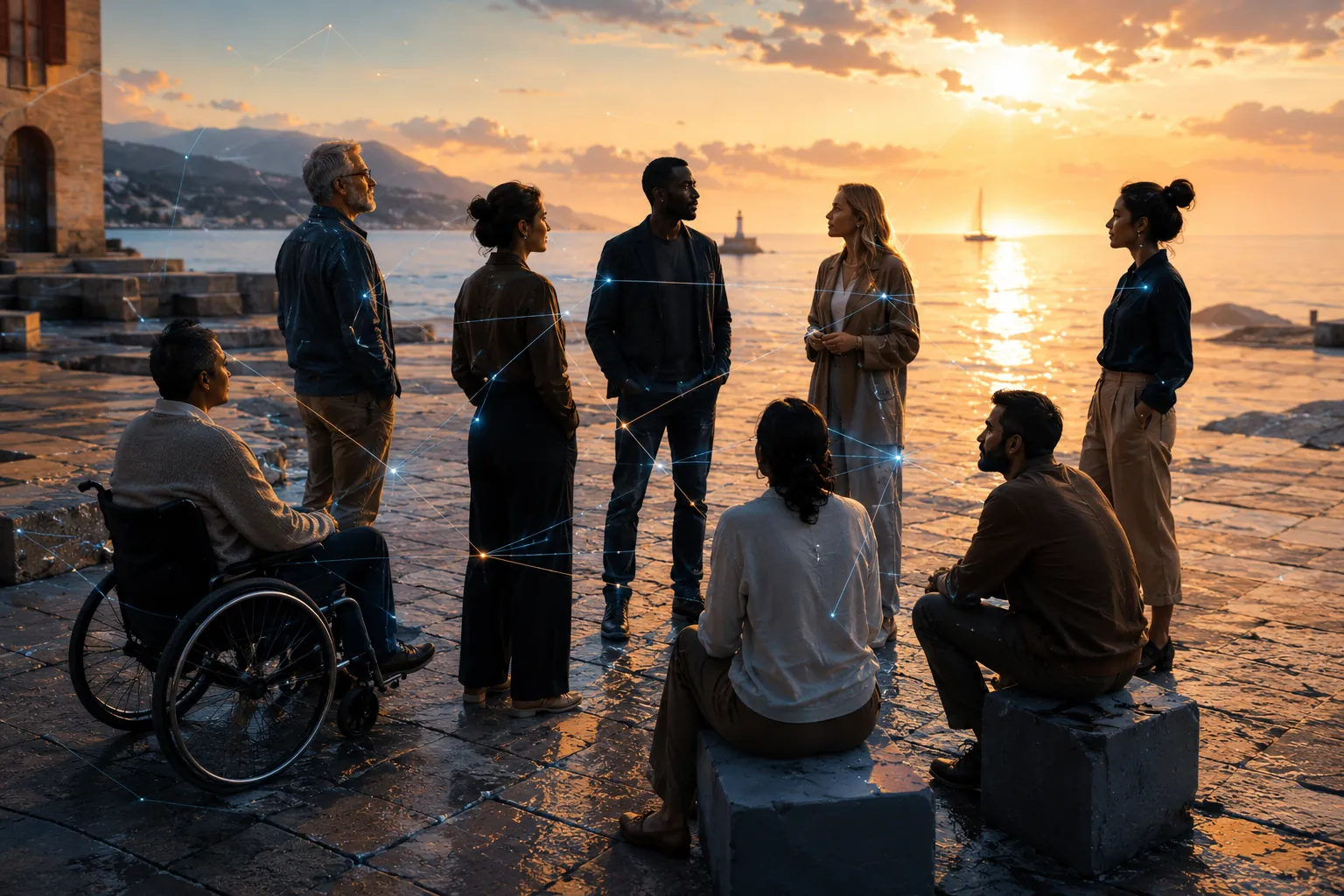 Illustrative artwork: a group of people, one in a wheelchair, talking together on a limestone quay at sunset, joined by fine lines of light.