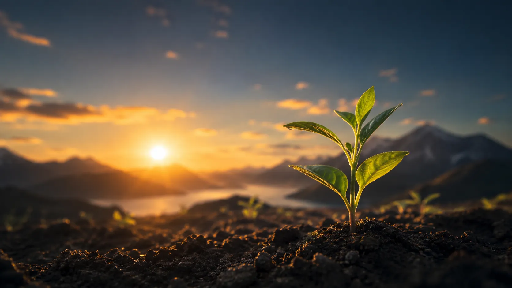 Illustrative artwork: a young seedling in dark soil at sunrise above a valley.