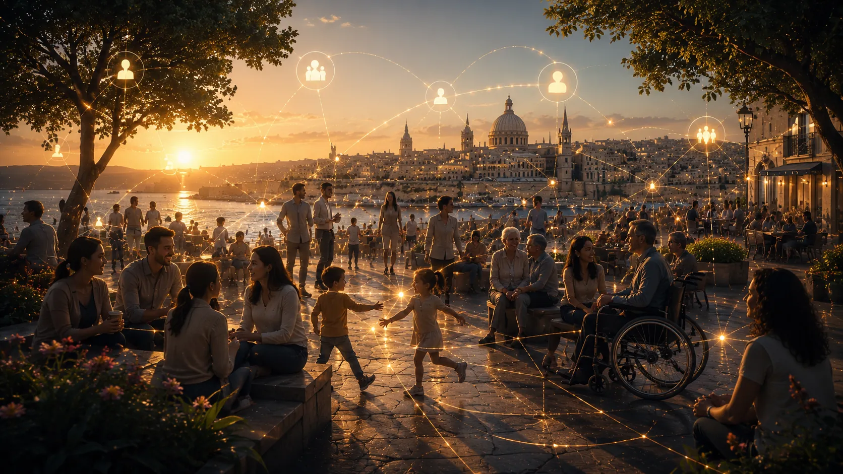 Illustrative artwork: families, children, older people and a wheelchair user on a promenade facing Valletta at dusk, joined by lines of light.